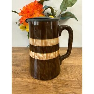 Vintage English Banded Brown Stoneware Syrup Jug With Pewter Lid Made In England